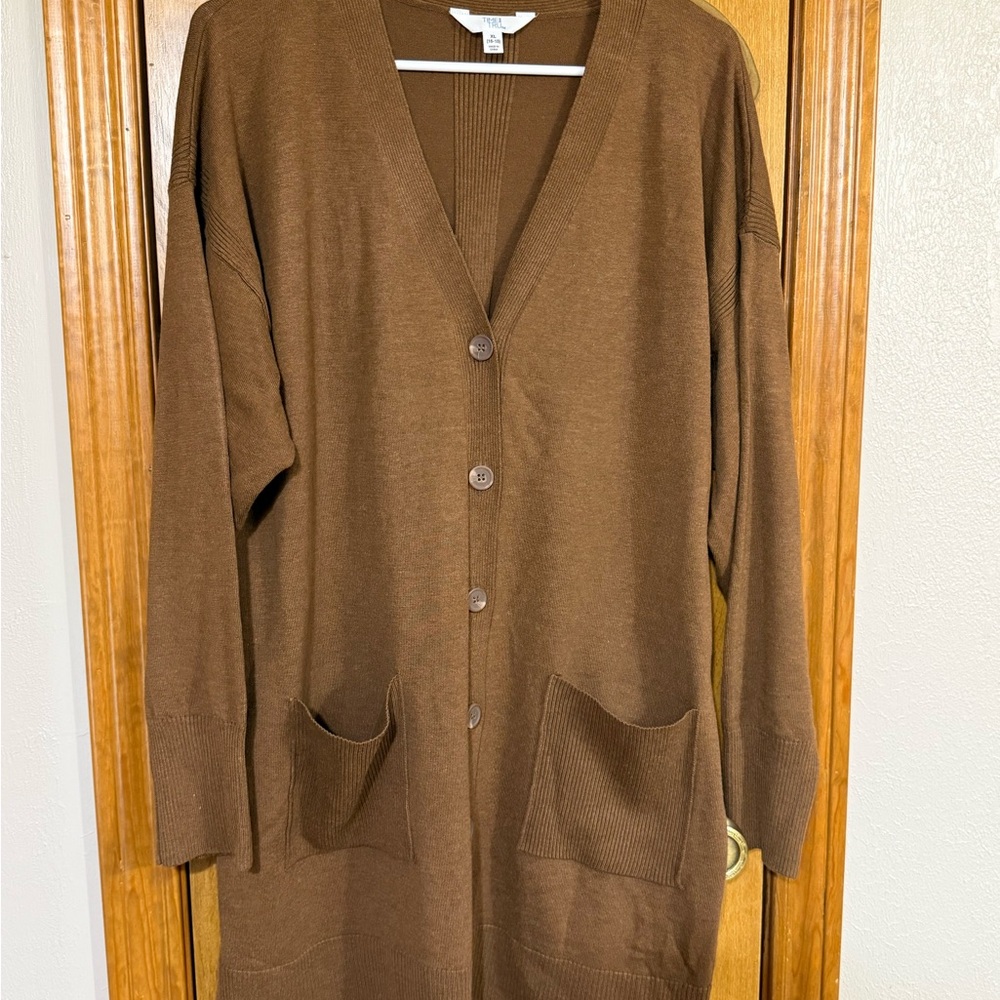 Long Brown Button-Front Women's Cardigan Sweater XL